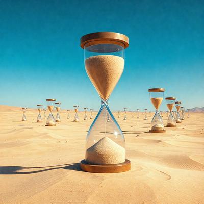 The primary subject of the image is a large wooden clock, which is placed in a sandy desert environment. The clock is surrounded by numerous small sand clocks, creating a visually striking scene. The setting is a combination of sand and sky, with the clocks and the main clock being the main focus of the image. The visual style is a mix of realism and artistic expression, as the clocks and the main clock are all depicted in a detailed and intricate manner. The colors and mood of the image are pre